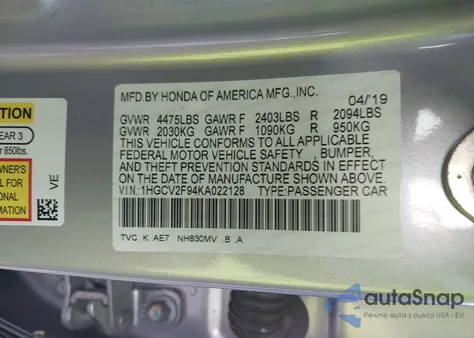 2019 Honda Accord Touring 2.0T from USA, damaged, VIN 1HGCV2F94KA022128